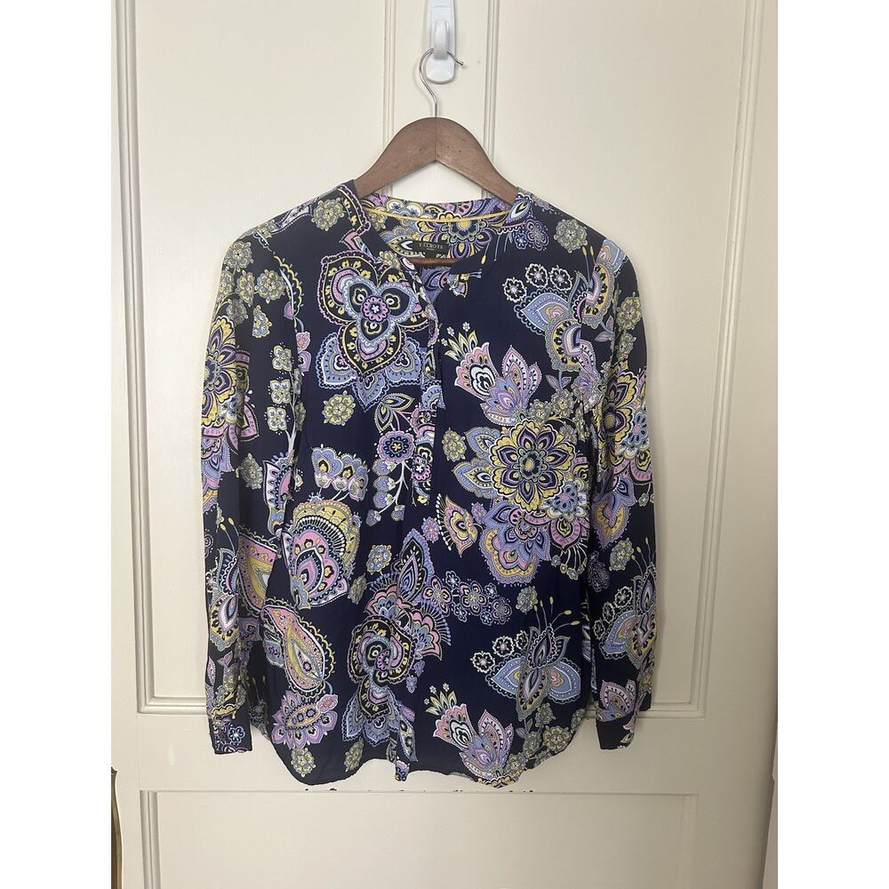 Talbots Floral Paisley 1/4 Button Blouse Womens SIze MP Purple Blue Classic